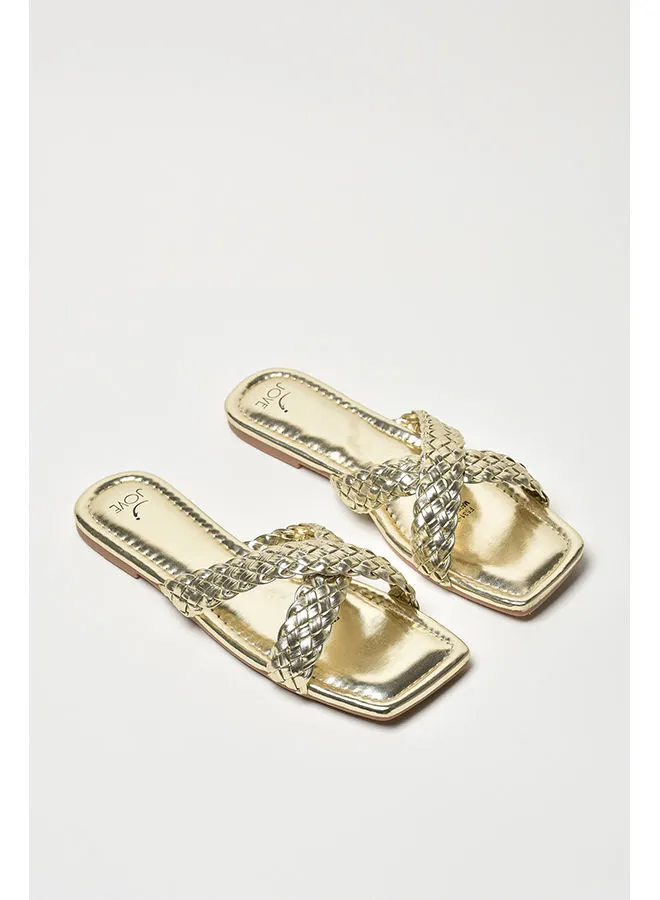 Jove Braided Criss-Cross Strap Square Toe Flat Sandals Gold