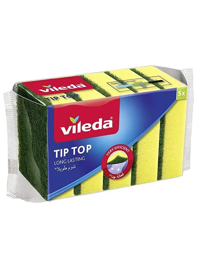 Vileda Tip Top 5 Pieces Medium Dishwashing Sponge, Long Lasting and Durable, for Sensitive Surfaces, . Yellow/Green