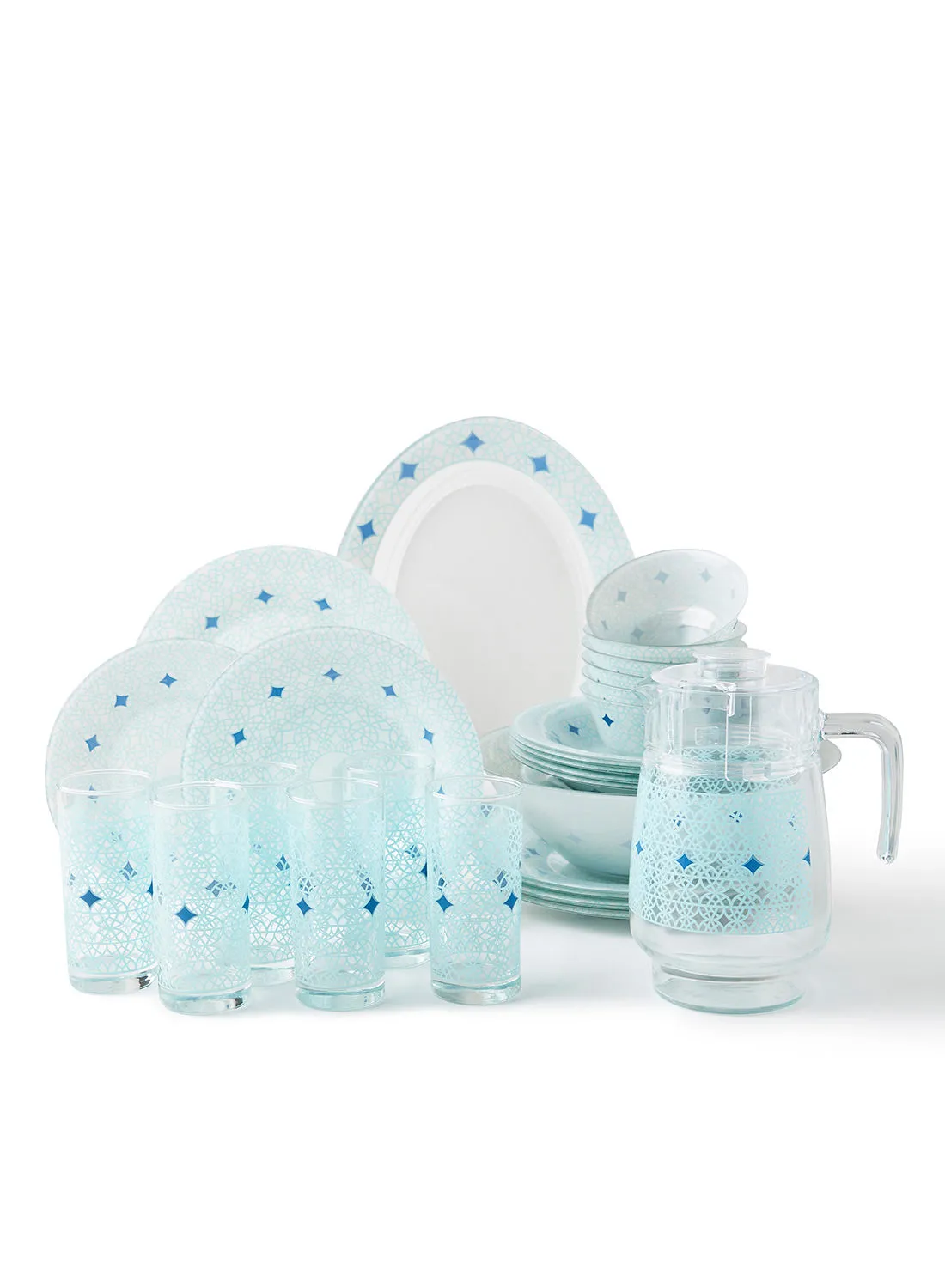noon east 34 Piece Glass Dinner Set For Everyday Use - Light Weight Dishes, Plates - Dinner Plate, Side Plate, Bowl - Serves 6 - Printed Design Gracey
