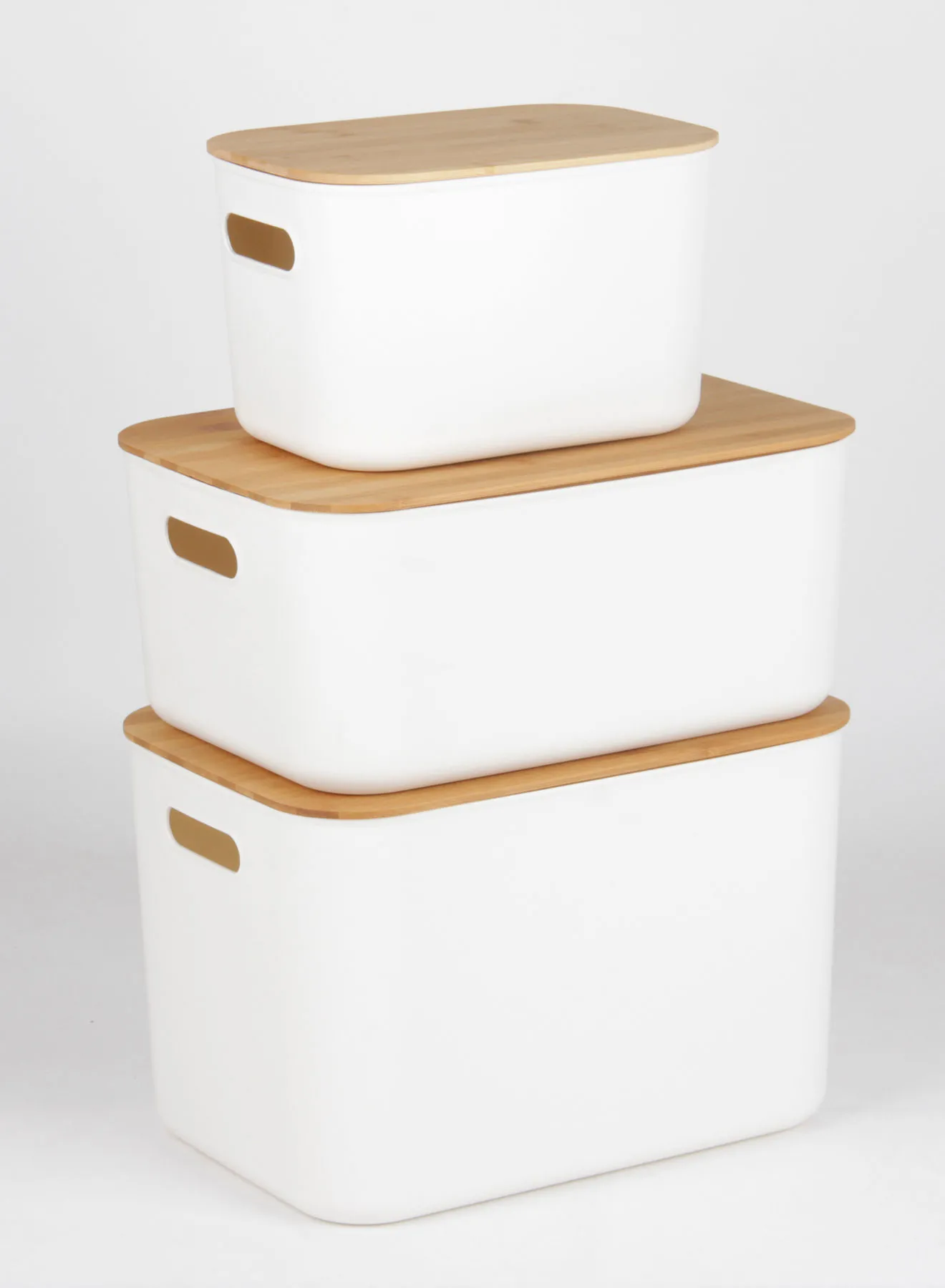 Amal 3-Piece Storage Box Set With Bamboo Lid Convenient to use Daily Simple Storage Hygienic and Organized TG51291MS3 White/Nature 24 x 37 x 26cm