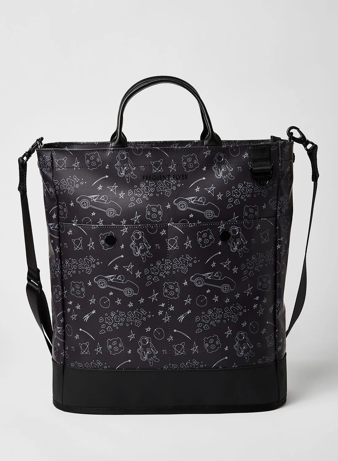 FREQUENT FLYER Graphic Printed Square Tote Bag Black