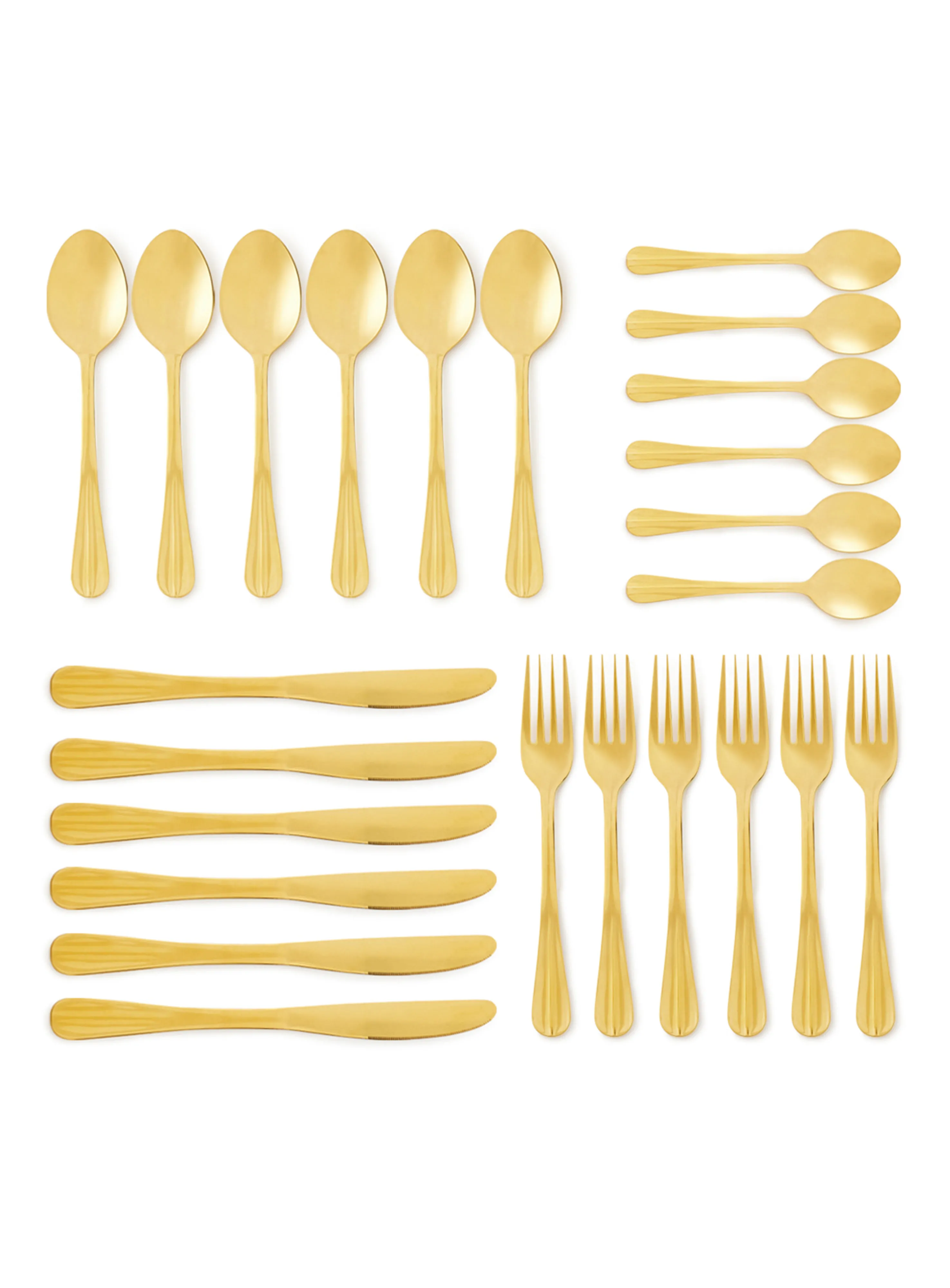 noon east 24 Piece Cutlery Set - Made Of Stainless Steel - Silverware Flatware - Spoons And Forks Set, Spoon Set - Table Spoons, Tea Spoons, Forks, Knives - Serves 6 - Design Gold Flowrish