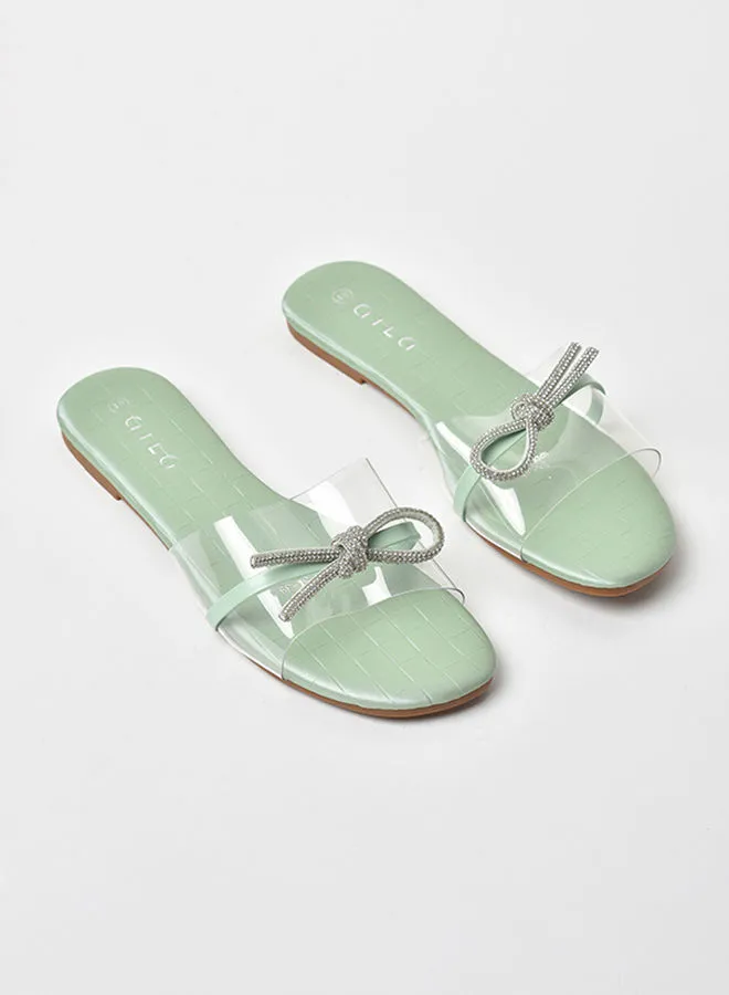 Aila Slip-On Detail Flat Sandals Green/Clear