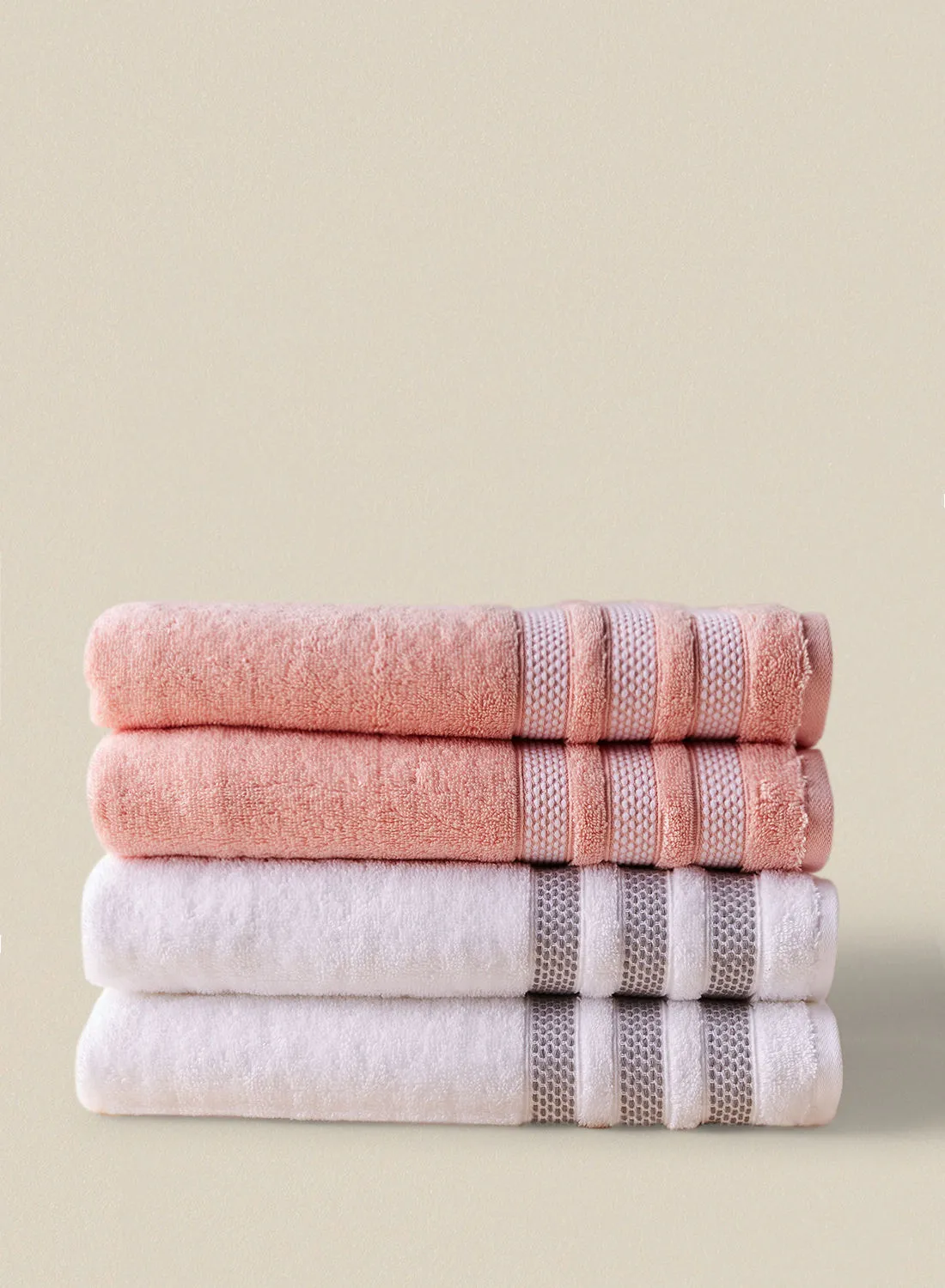 noon east 4 Piece Bathroom Towel Set - 500 GSM 100% Cotton Low Twist - 4 Bath Towel - Multicolor White/Coral Color - Highly Absorbent - Fast Dry