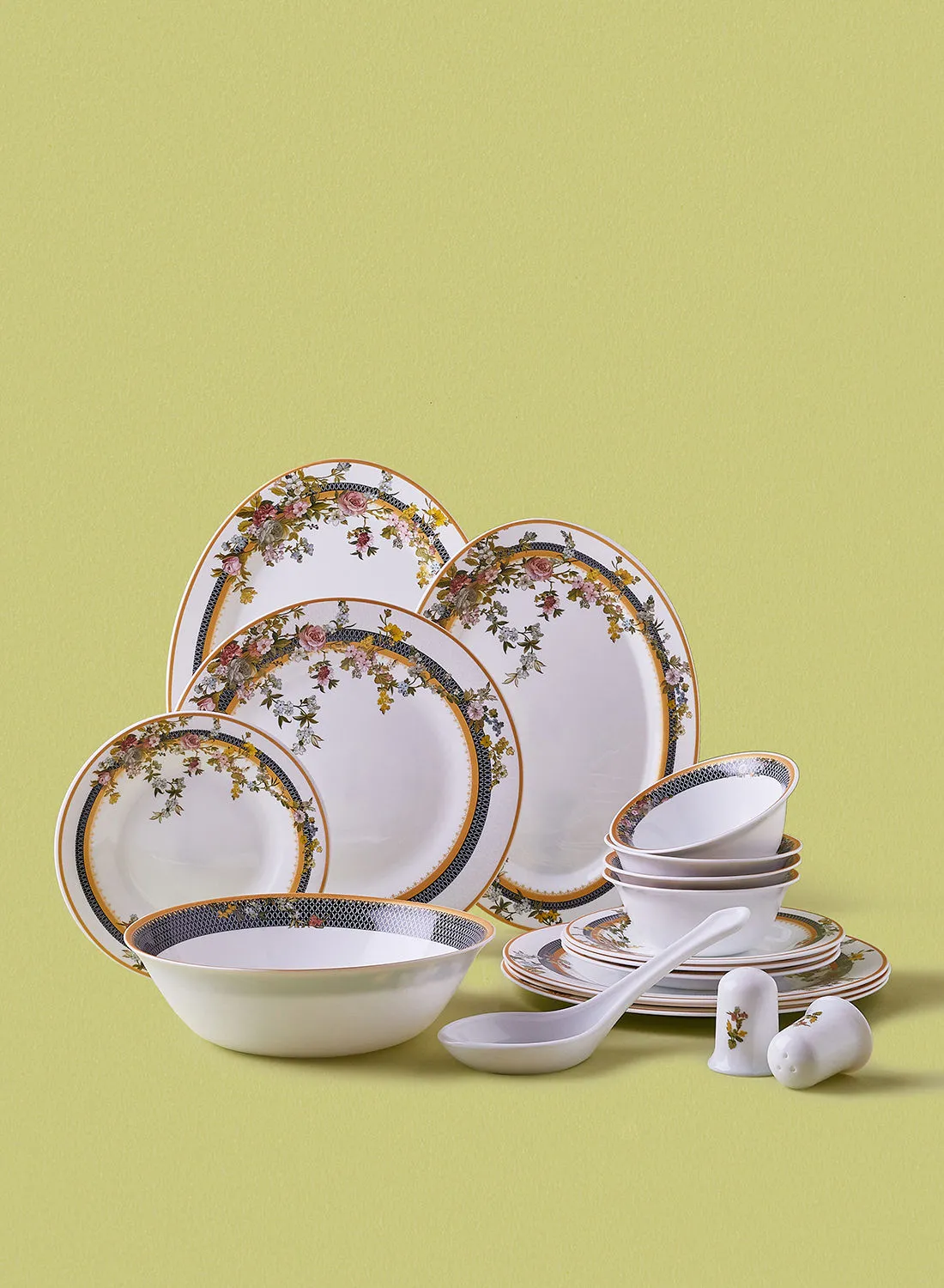 noon east 18 Piece Opalware Dinner Set - Light Weight Dishes, Plates - Dinner Plate, Side Plate, Bowl, Serving Dish And Bowl - Serves 4 - Festive Design Garden Gold