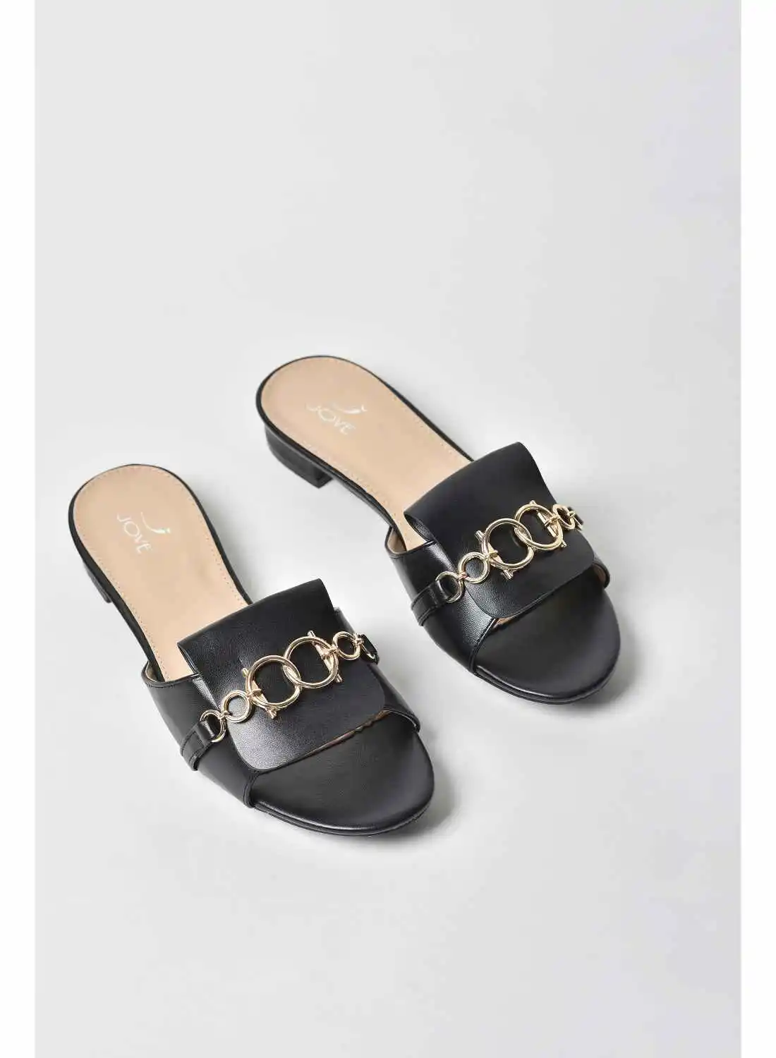 Jove Chain Detail Round Toe Casual Sandals Black/Gold