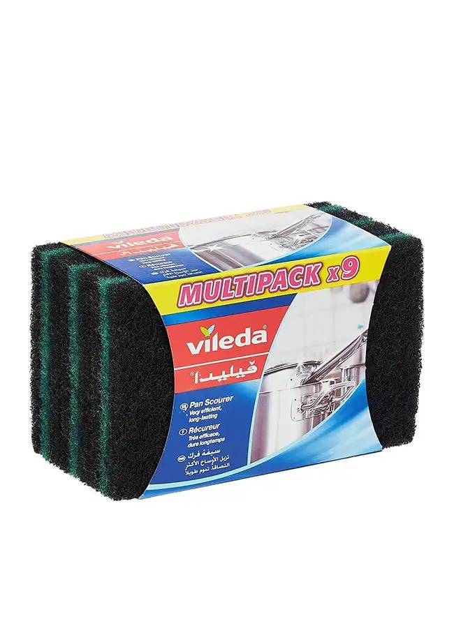 Vileda Ultra Fresh Pan Flat Scourer 9 Pcs, Antibacterial, Abrasive fiber, Durable, Multipurpose Green/Black