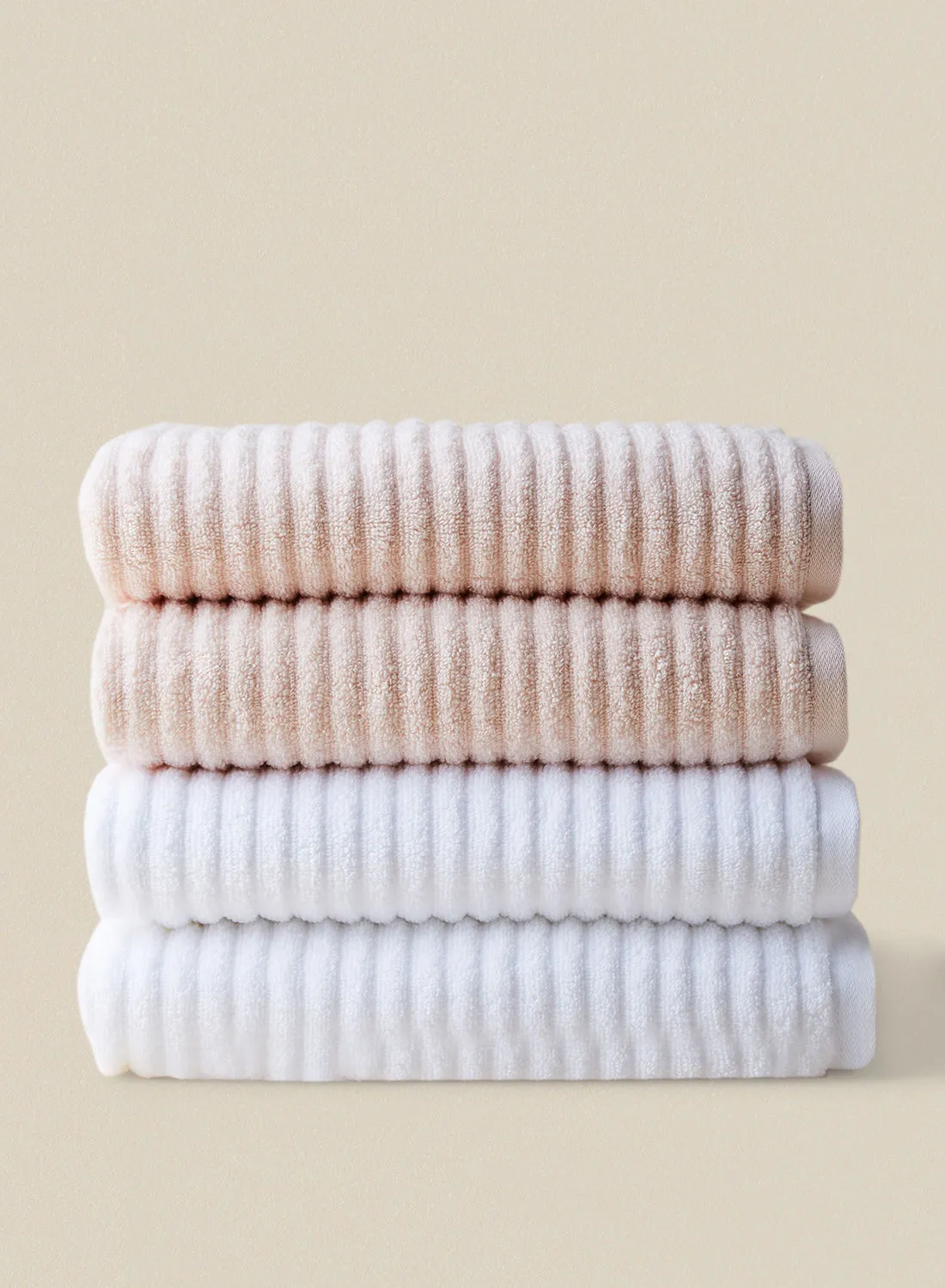 noon east 4 Piece Bathroom Towel Set - 450 GSM 100% Cotton Ribbed - 4 Bath Towel - Multcolor_Beige_White Color - Highly Absorbent - Fast Dry