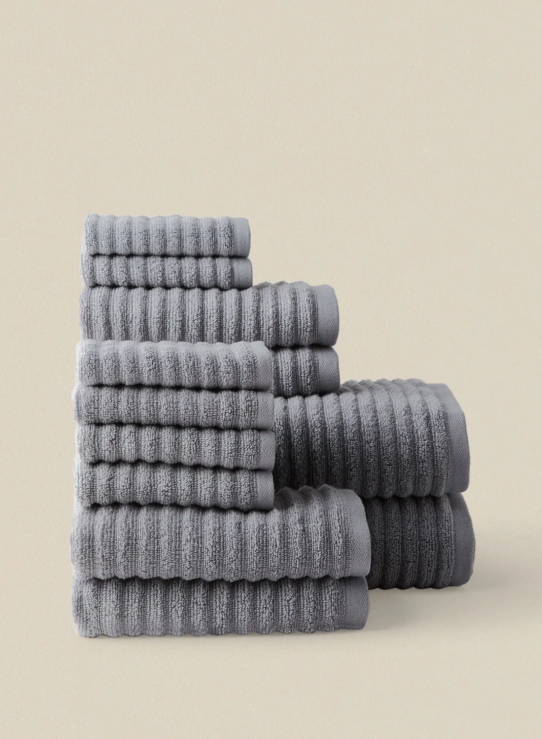 noon east 12 Piece Bathroom Towel Set - 450 GSM 100% Cotton Ribbed - 4 Hand Towel - 6 Face Towel - 2 Bath Towel - Mountain Grey Color - Highly Absorbent - Fast Dry