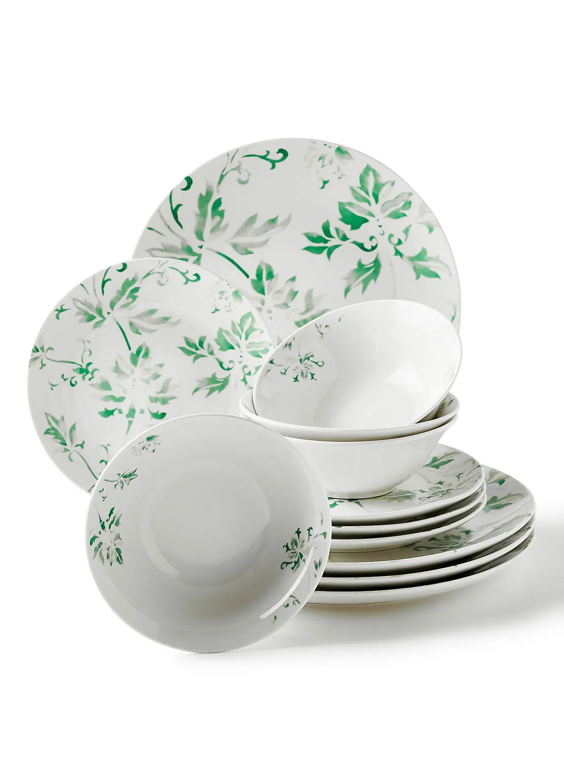 noon east 12 Piece Porcelain Dinner Set - Dishes, Plates - Dinner Plate, Side Plate, Bowl - Serves 4 - Printed Design Ivy