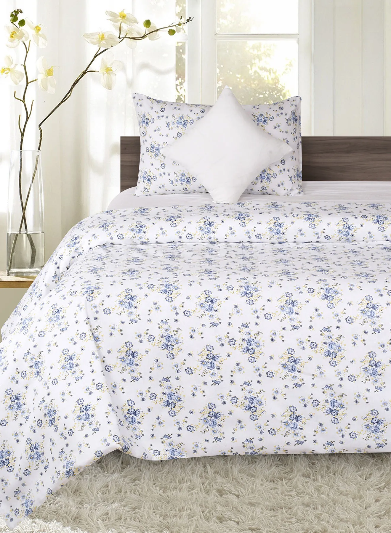Amal Duvet Cover - With Pillow Cover 50X75 Cm, Comforter 150X200 Cm, 40X40 - For Twin Size Mattress - White/Blue 100% Cotton