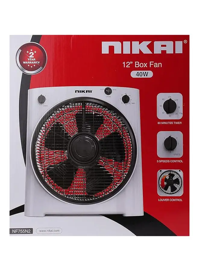 NIKAI 12” Box Fan With Timer, 5 PP Blades, 3 Speeds, Rotating Grill, 60-Min Timer, Energy-Efficient, Child Safe Personal Desk Fan, Ideal For Office, And Home NF755N2 Grey