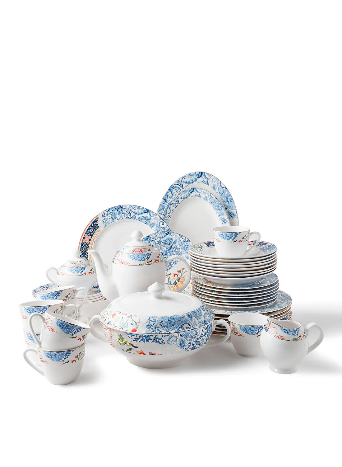 noon east 50 Piece Ceramic Dinner Set Premium Quality - Dishes, Plates - Dinner Plate, Side Plate, Bowl, Cups, Serving Dish And Bowl - Serves 8 - Festive Design Floral Dream