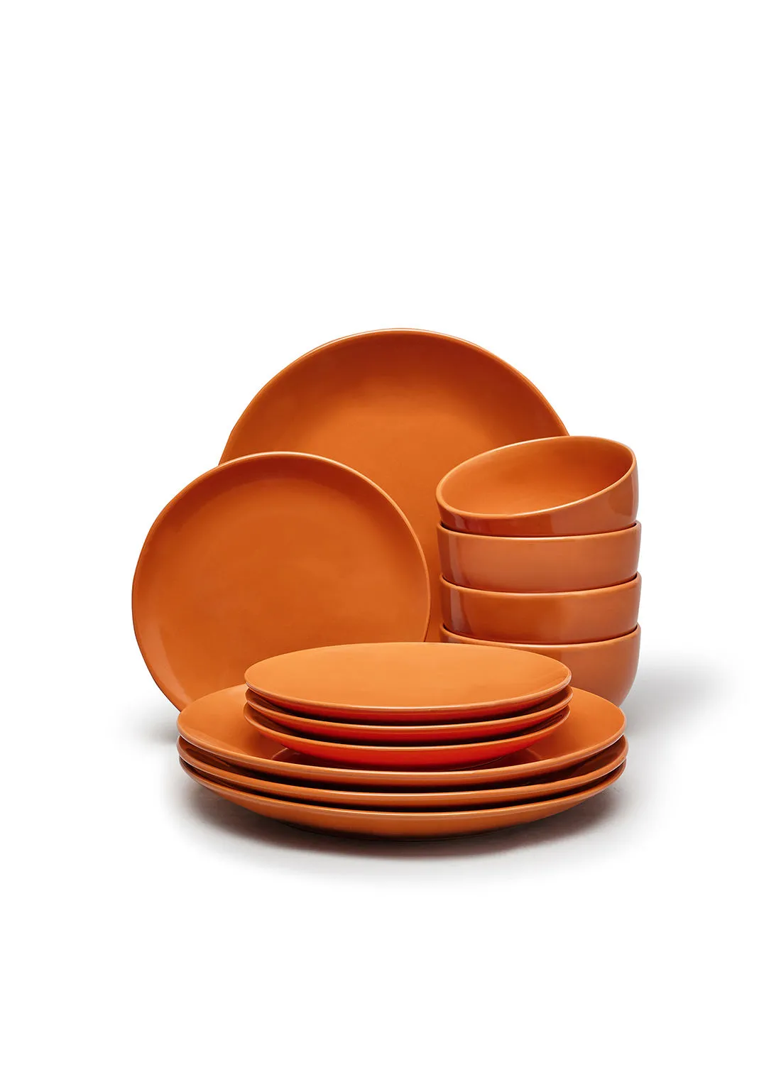 noon east 12 Piece Stoneware Dinner Set - Dishes, Plates - Dinner Plate, Side Plate, Bowl - Serves 4 - Rust
