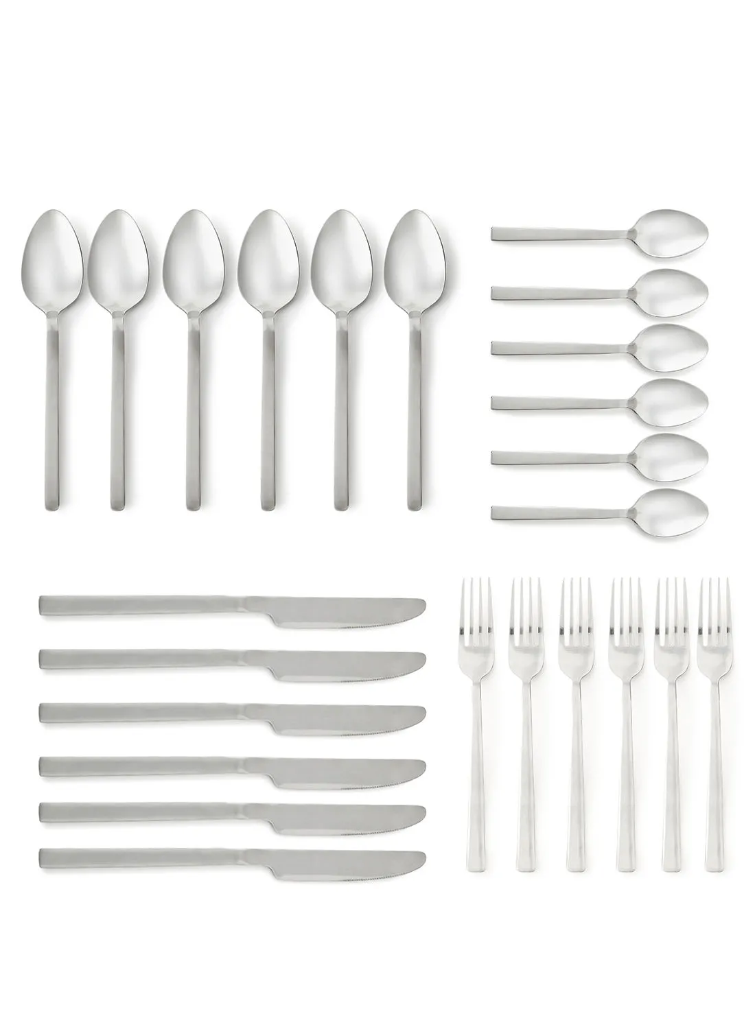 noon east 24 Piece Cutlery Set - Made Of Stainless Steel - Silverware Flatware - Spoons And Forks Set, Spoon Set - Table Spoons, Tea Spoons, Forks, Knives - Serves 6 - Design Silver Antila