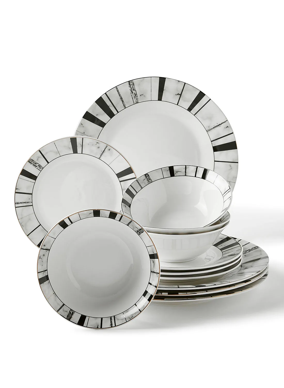 noon east 12 Piece Porcelain Dinner Set - Dishes, Plates - Dinner Plate, Side Plate, Bowl - Serves 4 - Printed Design Marbella