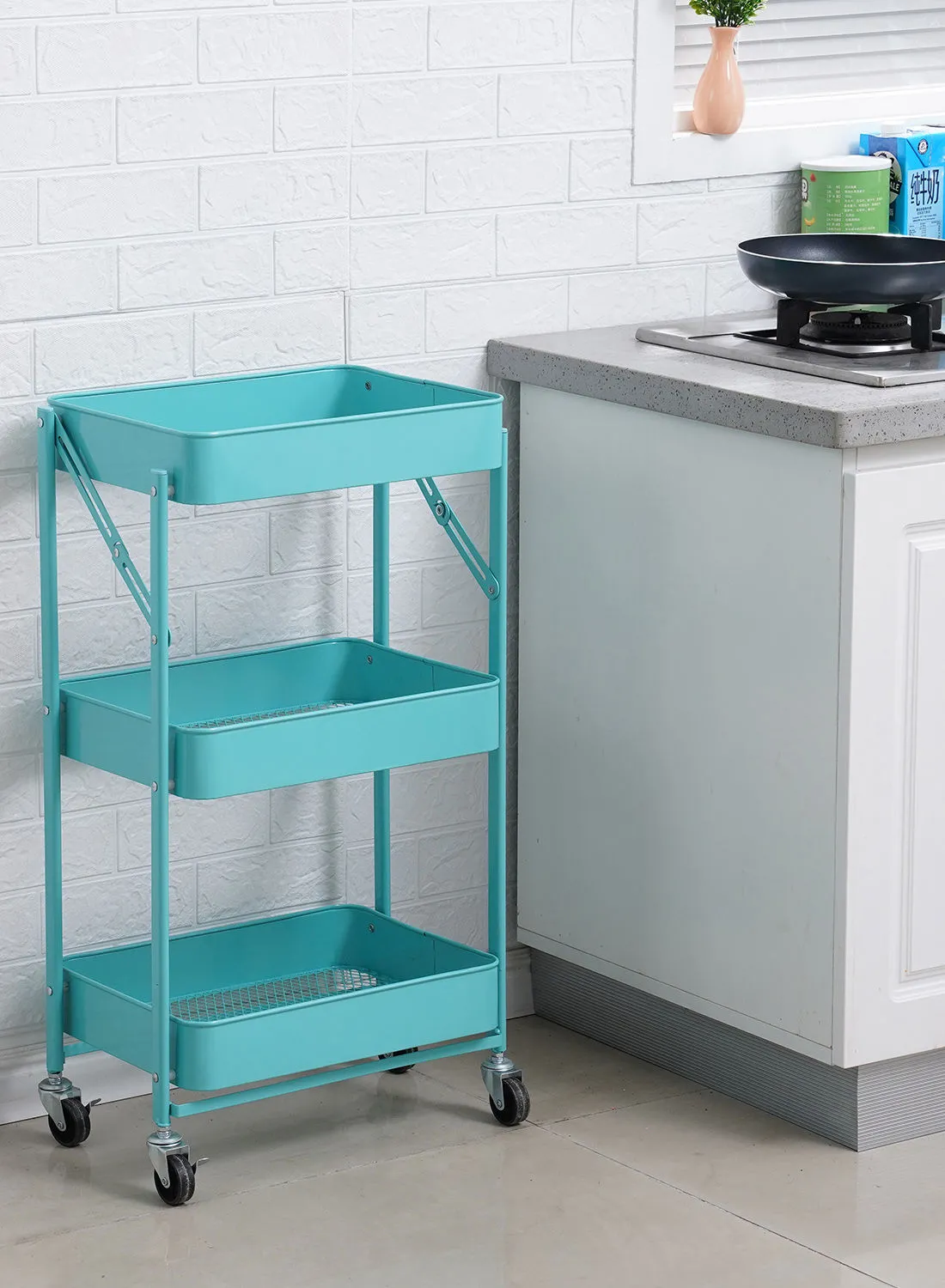 Amal Multipurpose 3 Tier Easy Foldable Trolley For Home, Convenient Storage for your Kitchen And Bathroom Green 45 x 29.5 x 77cm