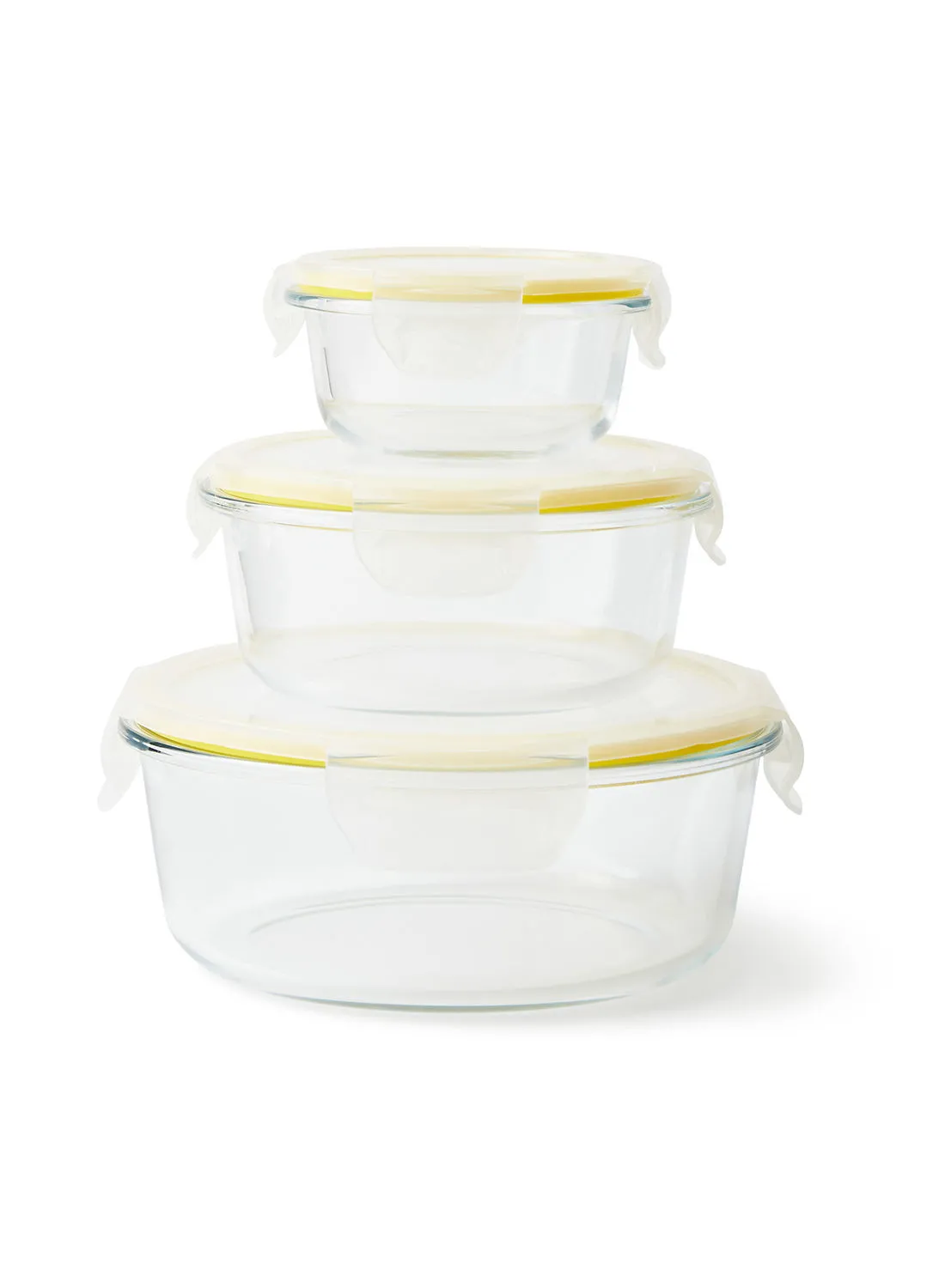 noon east 3 Piece Borosilicate Glass Food Container Set - Airtight Lids - Lunch Box - Round (Large) - Food Storage Box - Storage Boxes - Kitchen Cabinet Organizers - Glass Food Container - Yellow