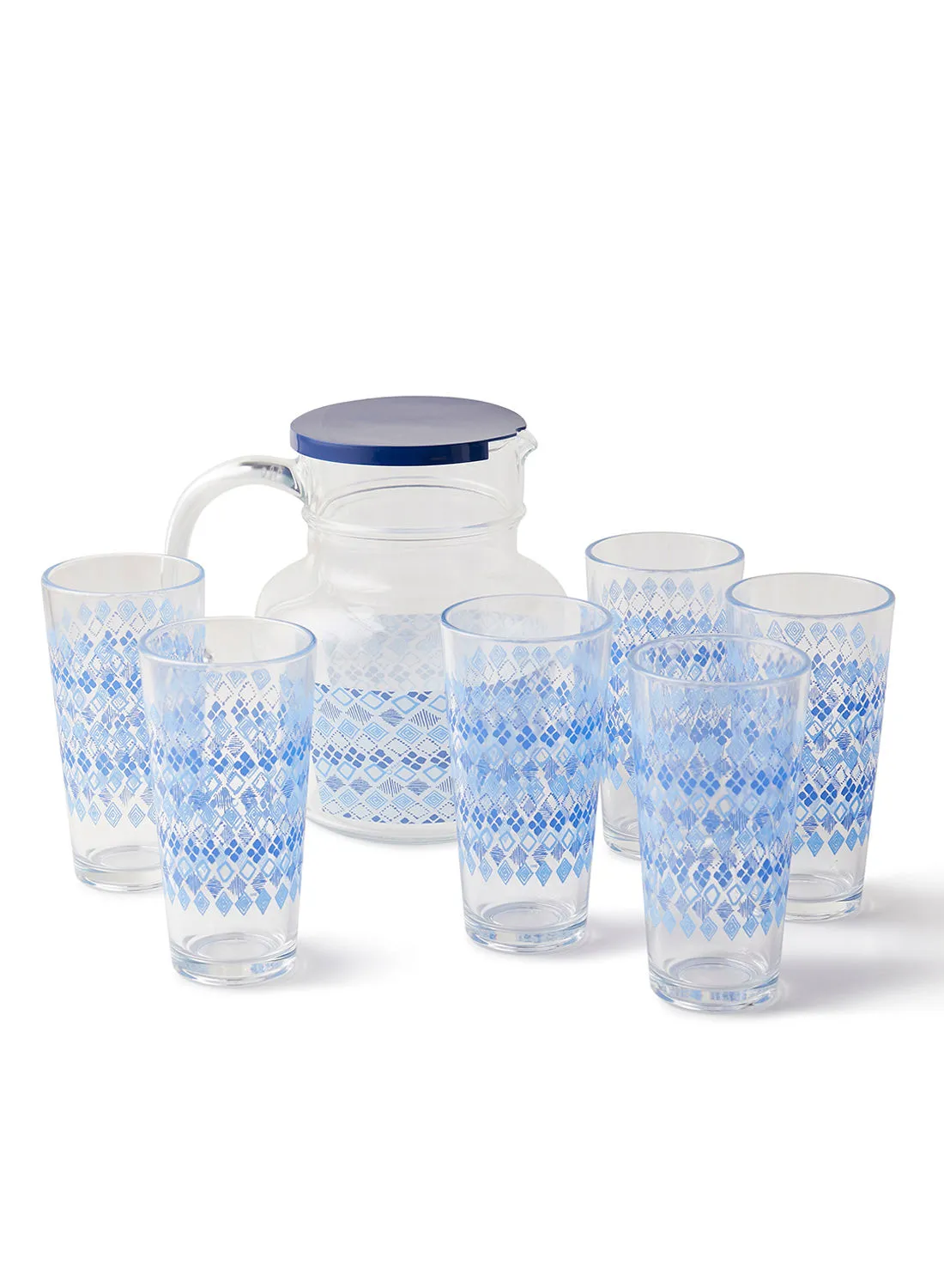 noon east 7 Piece Glass Drink Set Beverage Glasses For Juices - By Noon East - Jug 1.4 L, Tumblers 27 Cl - Serves 6 - Hamsini