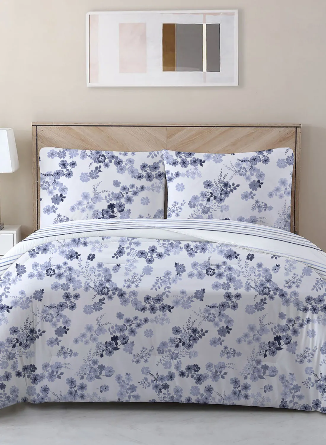 Amal Comforter Set King Size All Season Everyday Use Bedding Set 100% Cotton 3 Pieces 1 Comforter 2 Pillow Covers  Floral Blue