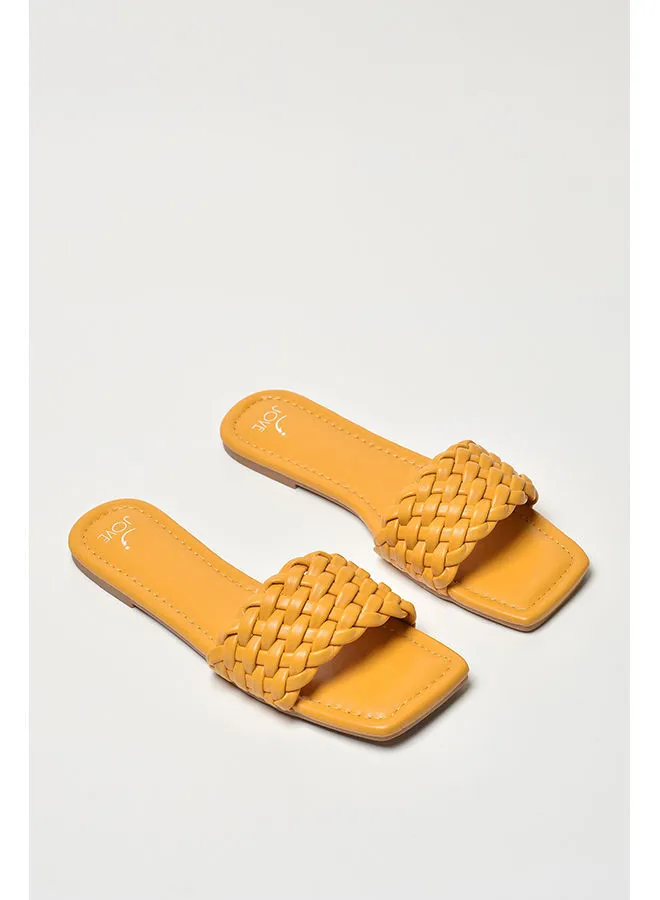 Jove Braided Broad Strap Slip-On Flat Sandals Mustard