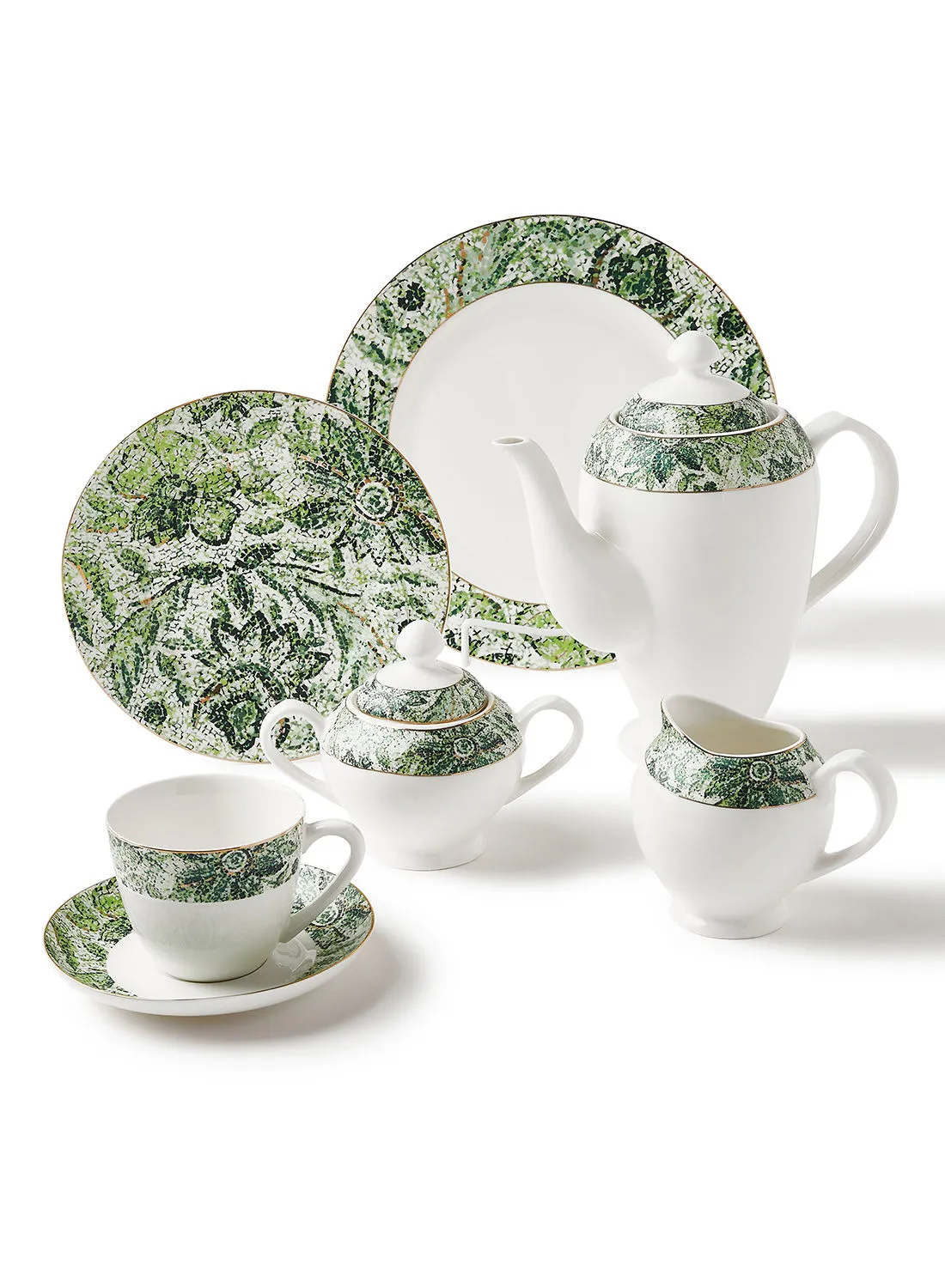 noon east 70 Piece Ceramic Dinner Set Premium Quality - Dishes, Plates - Dinner Plate, Side Plate, Bowl, Cups, Serving Dish And Bowl - Serves 12 - Festive Design Mosaic Green