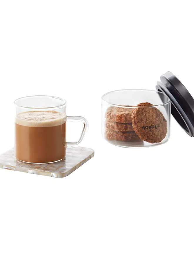 BOROSIL 8-Piece Borosilicate Classic Airtight Jar And Mug Set For Tea, Coffee and Cookies, Clear Clear