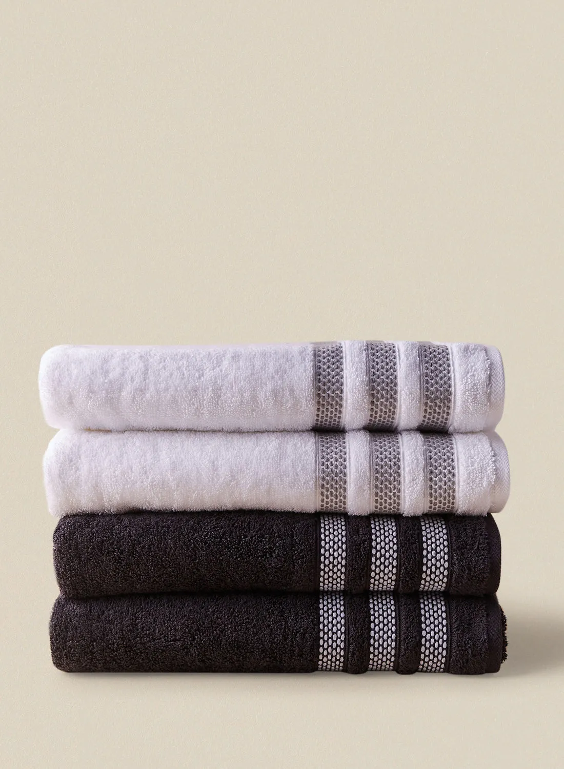 noon east 4 Piece Bathroom Towel Set - 500 GSM 100% Cotton Low Twist - 4 Bath Towel - Multicolor White/Black Color - Highly Absorbent - Fast Dry