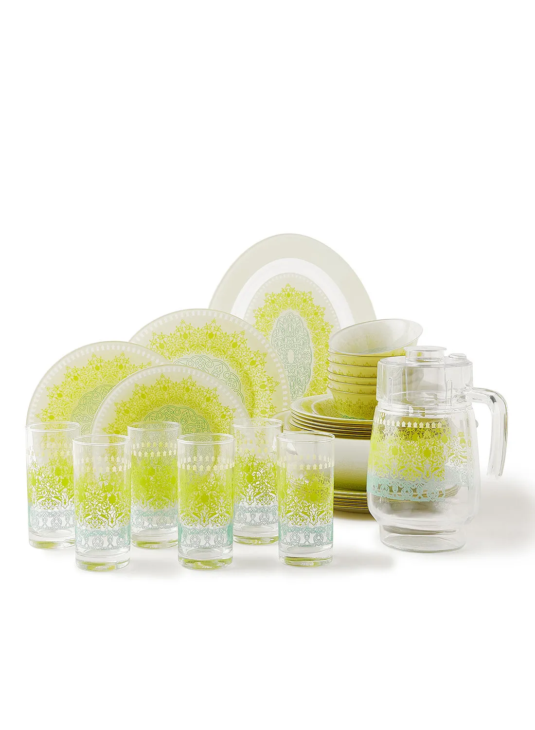 noon east 34 Piece Glass Dinner Set For Everyday Use - Light Weight Dishes, Plates - Dinner Plate, Side Plate, Bowl - Serves 6 - Printed Design Ziko