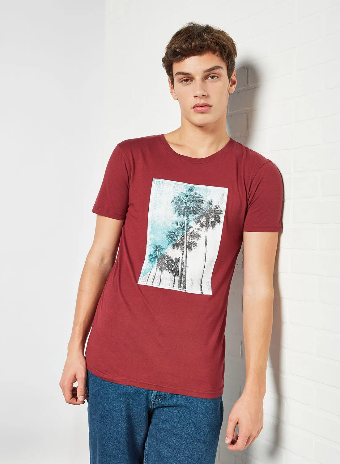 STATE 8 Palm Tree Print T-Shirt Dark Red