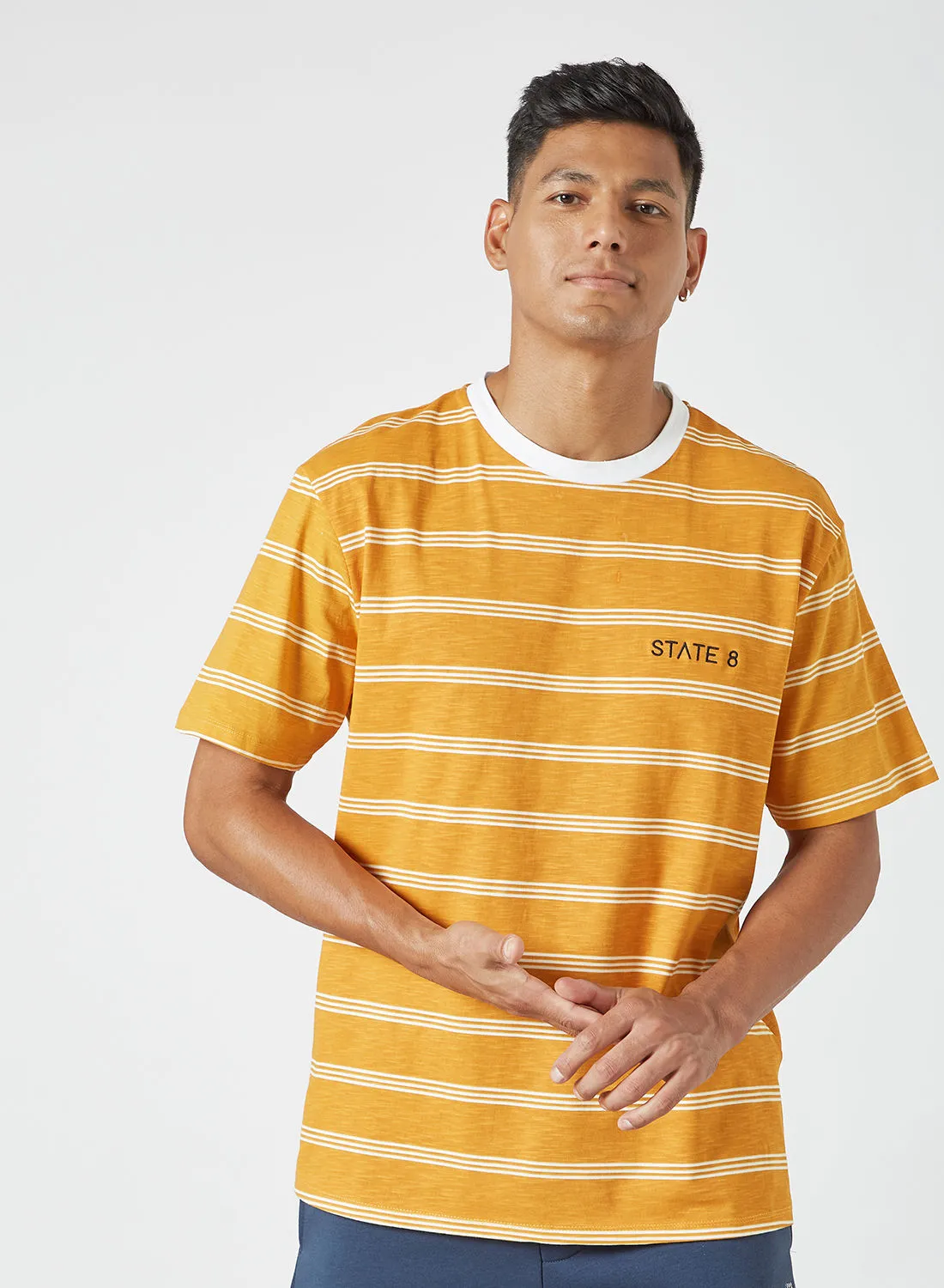STATE 8 Logo Print Striped T-Shirt Yellow