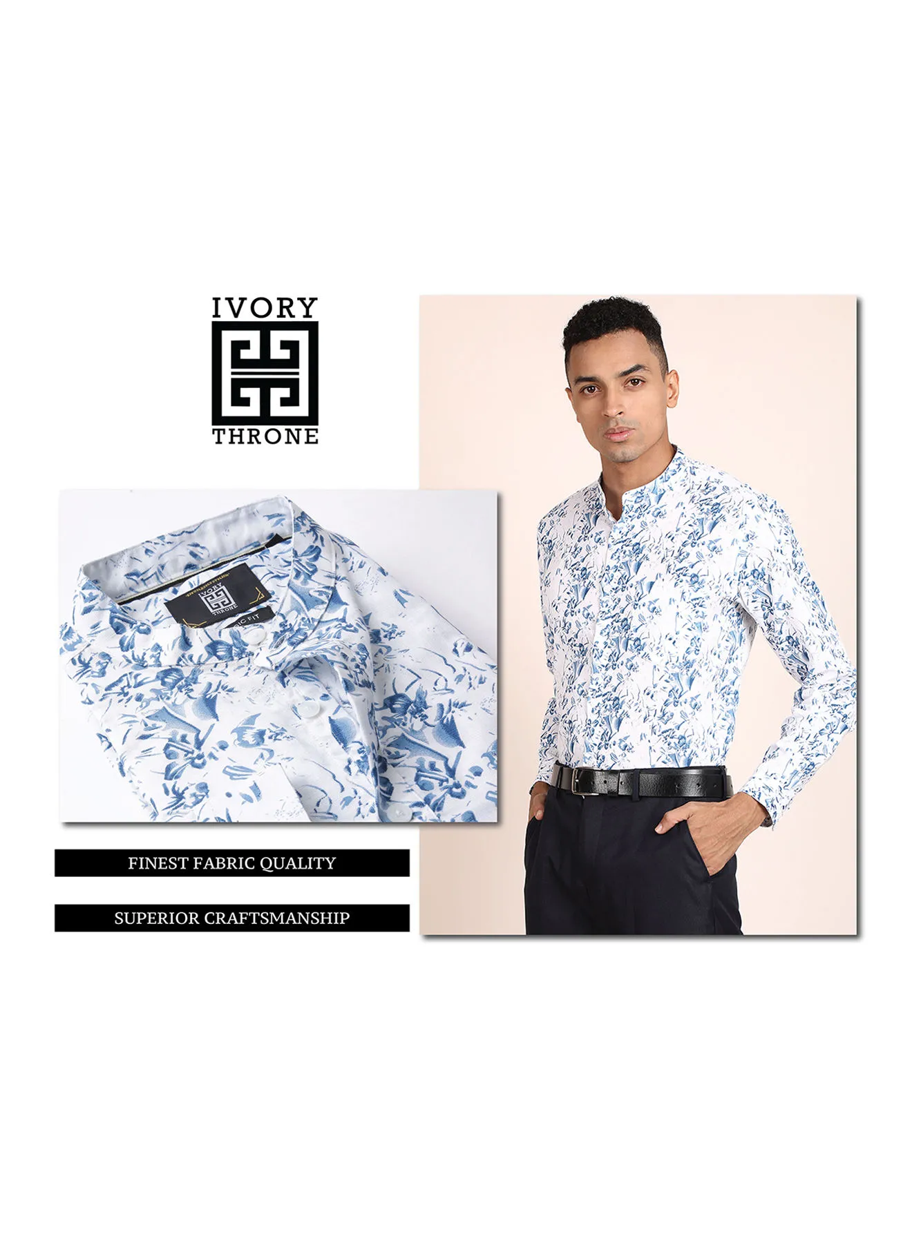 Ivory Throne Classic Printed Mandarin Collared Formal Shirt Blue/White