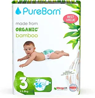 PureBorn Organic/Natural Bamboo Baby Disposable Size 3 Diapers/Nappy |Value Pack| from 5.5 to 8 Kg | 56 Pcs |Assorted Prints|Super Soft|Maximum Leakage Protection|New Born Essentials|Eco Friendly