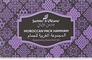 Jardin D Oleane Moroccan Pack Hammam Rosemary Essential Oil (Moroccan Black Soap Ghassoul & Rosemary Essential Oil 80g, Green Clay Mask with Green Tea 100g, Loofah)