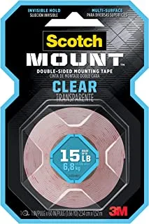 Scotch Mount Clear Tape 1 in x 60 in (2.54cm x 1.52m) | Holds 6.8 kg whole roll | Transparent color | Multi-Surface| Easy to use | No Tools | Double Sided Adhesive Tape | 1 roll/pack