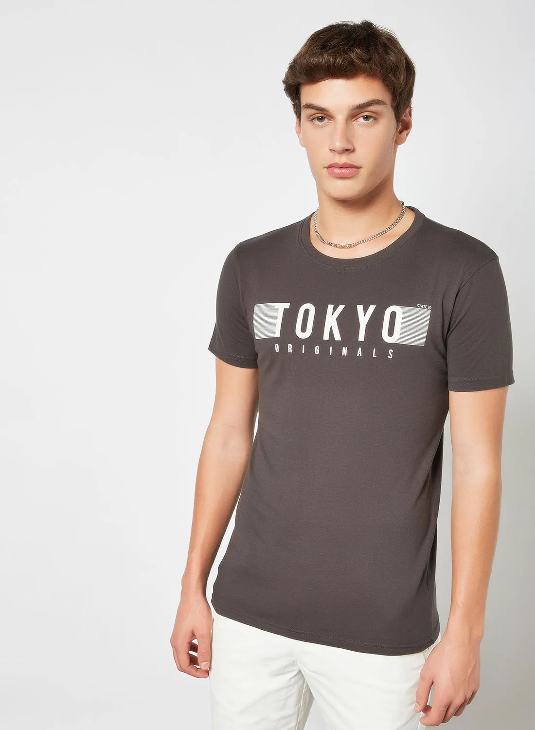 STATE 8 Tokyo Slogan Print T-Shirt Dark Grey