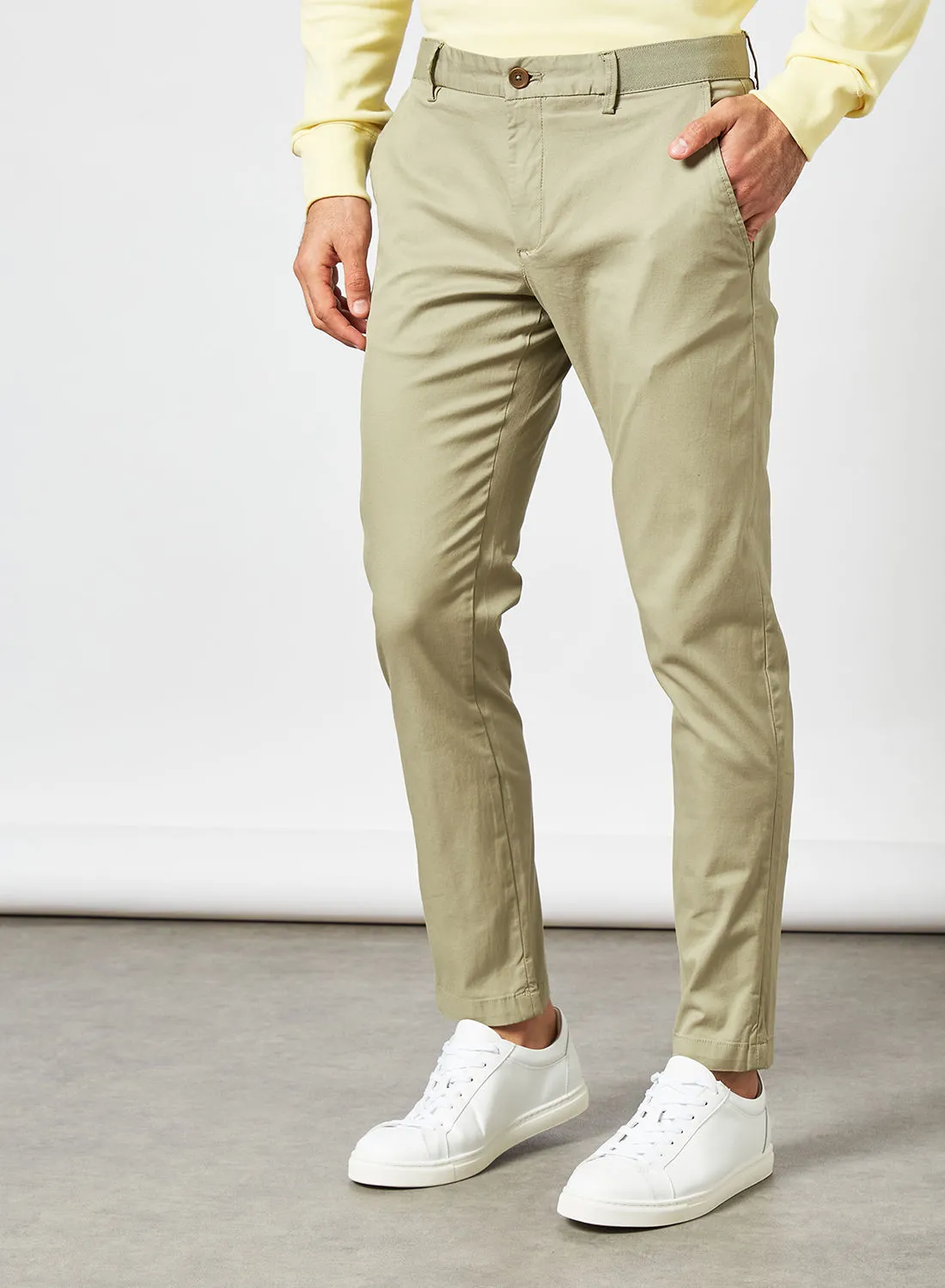 MANGO Cropped Tapered Chino Trousers Khaki