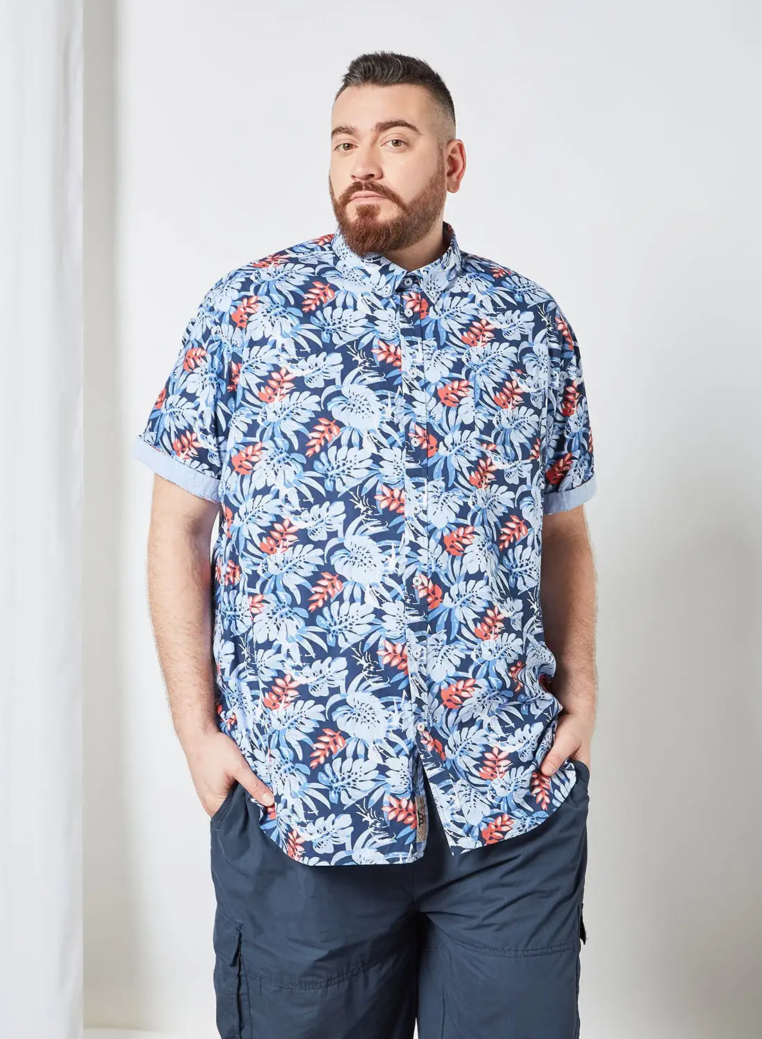 D555 قميص طباعة هاواي أزرق