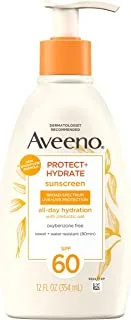 AVEENO BABY Protect + Hydrate Moisturizing Body Sunscreen Lotion With Broad Spectrum Spf 60 & Prebiotic Oat, Weightless, Paraben-free, Oil-free & Oxybenzone-free, Pump Bottle, 12.0 ounces, WHITE