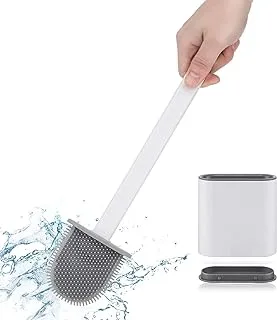 SHOWAY Silicone Toilet Brush with Holder, No-Slip Long Handle, Standing or Wall Mounting, Toilet Cleaning Brush Set (White)