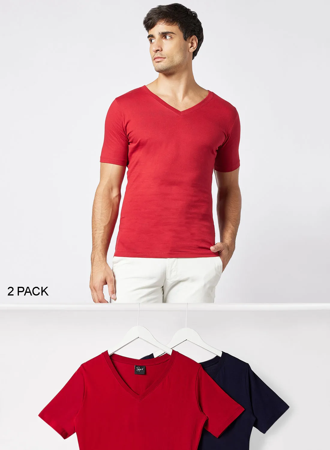 STATE 8 Essential V Neck T-Shirt (Pack of 2) Red/Navy