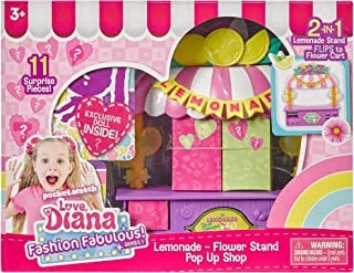 Far Out Toys Love ، Diana ، Kids Diana Show ، Fashion Fabulous Doll with 2-in-1 Lemonade and Flower Stand Pop-Up Shop ، 11 قطعة لعب مفاجأة ، حامل عصير الليمون الأرجواني ينقلب في حامل زهور رائع