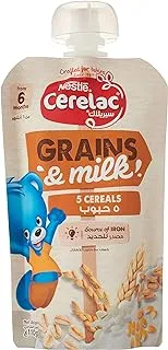 Nestle Cerelac Grains and Milk, 5 Cereals, Source Of Iron, Baby Food, Pouch, 110g