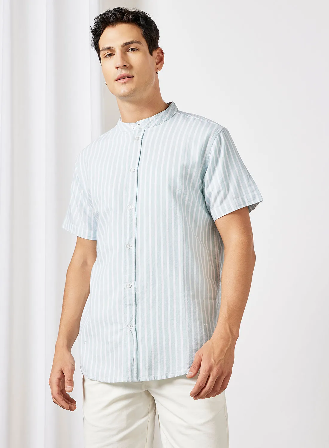 STATE 8 Mandarin Collar Striped Shirt Blue/White