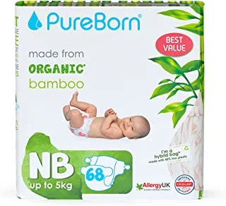 PureBorn Organic/Natural Bamboo Baby Disposable Diapers/Nappy Value Pack from 0 to 4.5 Kg 68 Pcs Assorted Colors Super Soft Maximum Leakage Protection New Born Essentials Eco Friendly, Multicolor