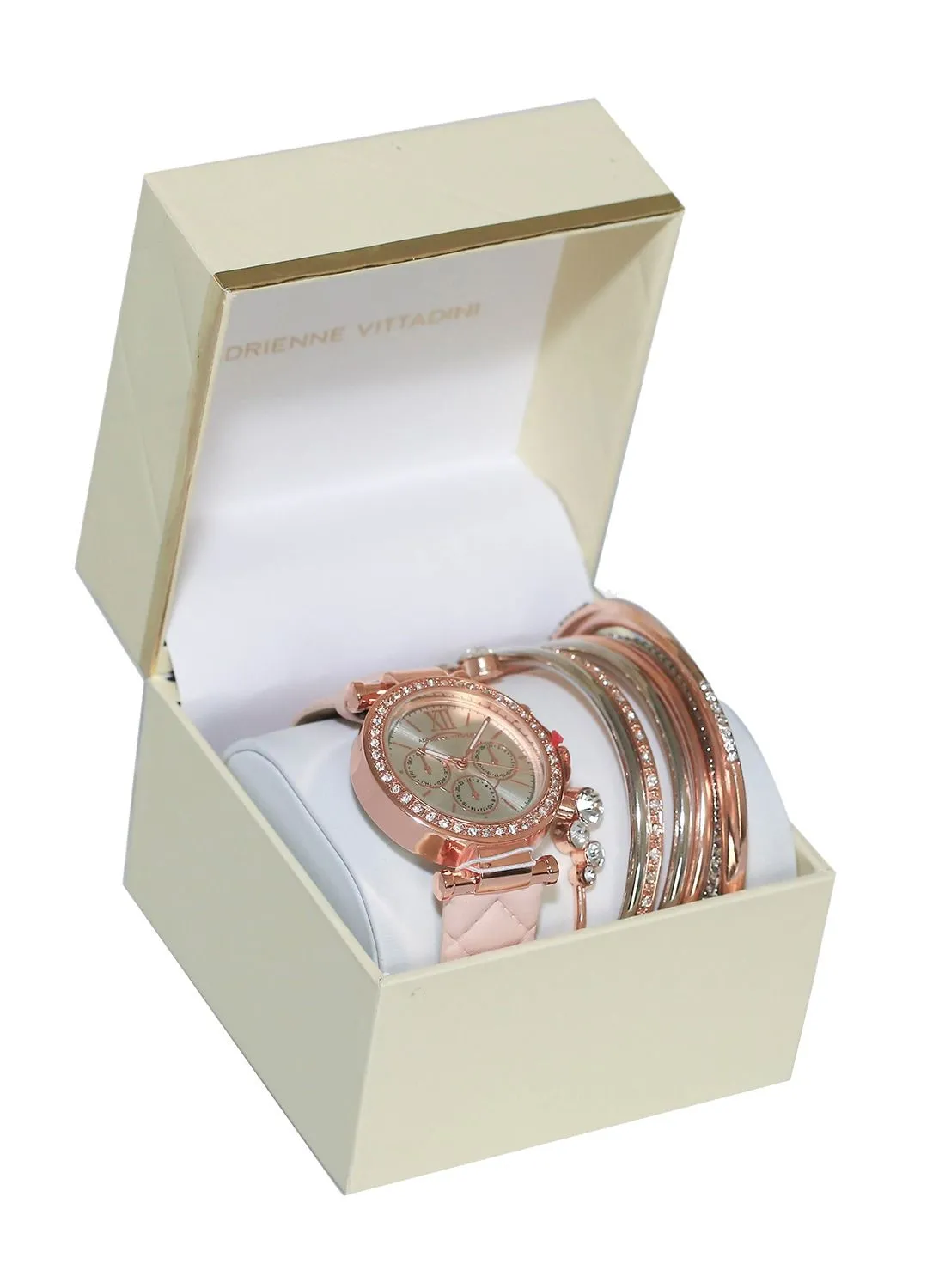 ADRIENNE VITTADINI Ladies Analog Watch Rose Gold Case with Crystals Dial Blush Pink Leather Strap
