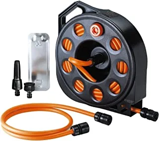 Claber 8974 - Hose cassette with water thru-feed - Compact high impact, lightweight housing, it is supplied with automatic Quick-Click couplings, 1,5 m extension hose, jet spray nozzle, wall bracket