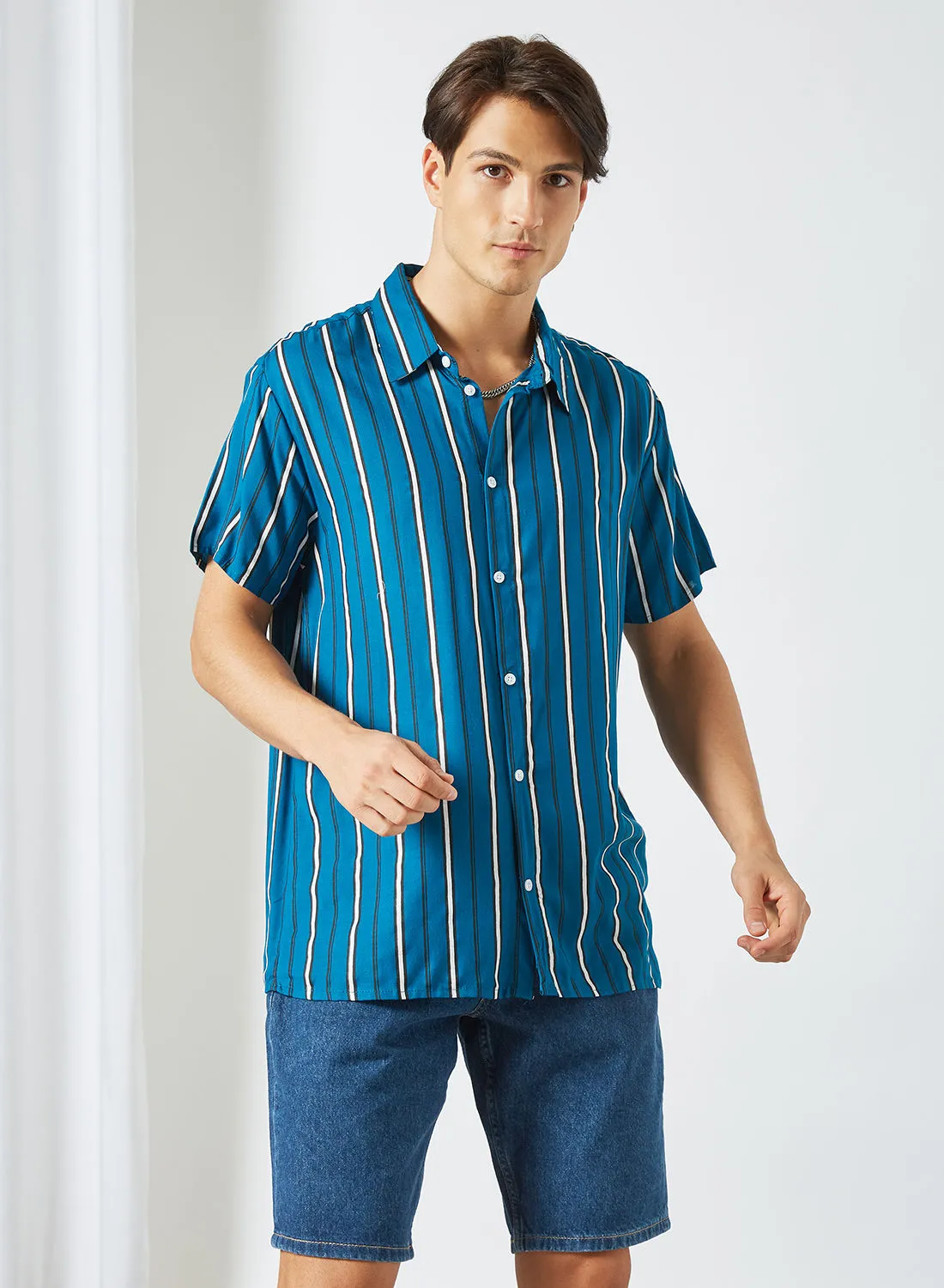 STATE 8 Stripe Print Short Sleeve Shirt أزرق