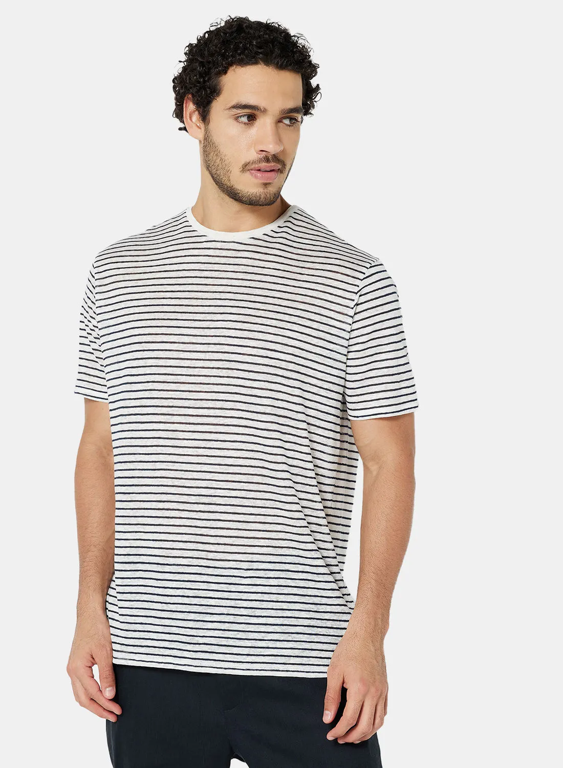 MANGO Striped Linen T-Shirt Off-White/Navy