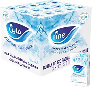Fine Classic Facial Pocket Tissues, 3 Ply, Pack of 12 x 10 Sheets, Good for All Skin Types, Fine Sterilizing Germ Protection Tissues with Steripro Technology